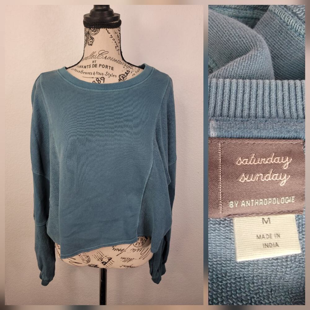SATURDAY SUNDAY Anthropologie Sweater SZ Medium Crop Boxy Boyfriend Green